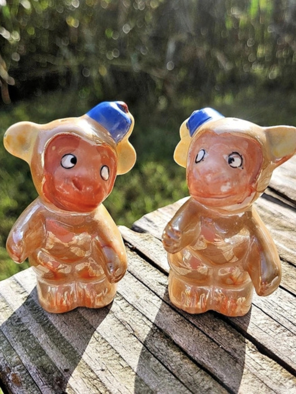 Ceramic Lusterware Monkey Salt & Pepper Shakers Figurine Pair Orange Blue